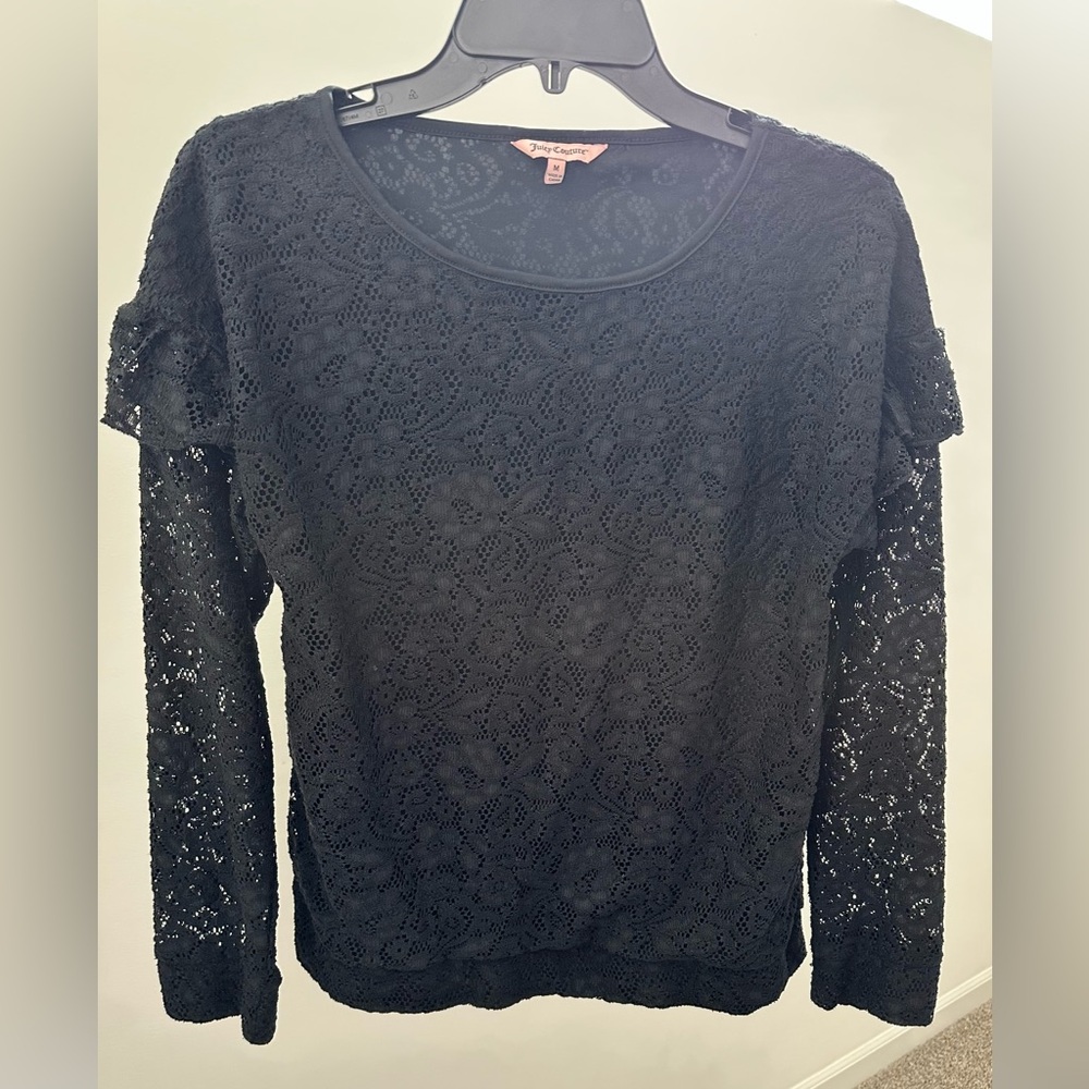 JUICY Couture Black Lace Overlay Long Sleeve Ruffle at Shoulder Pullover Size M